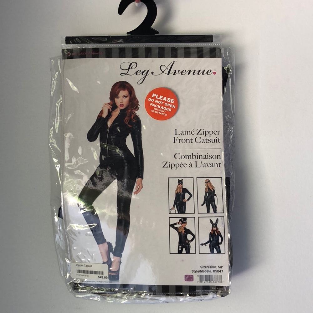 Leg Avenue Halloween Costume S - Zipper Catsuit zips up front black pleather